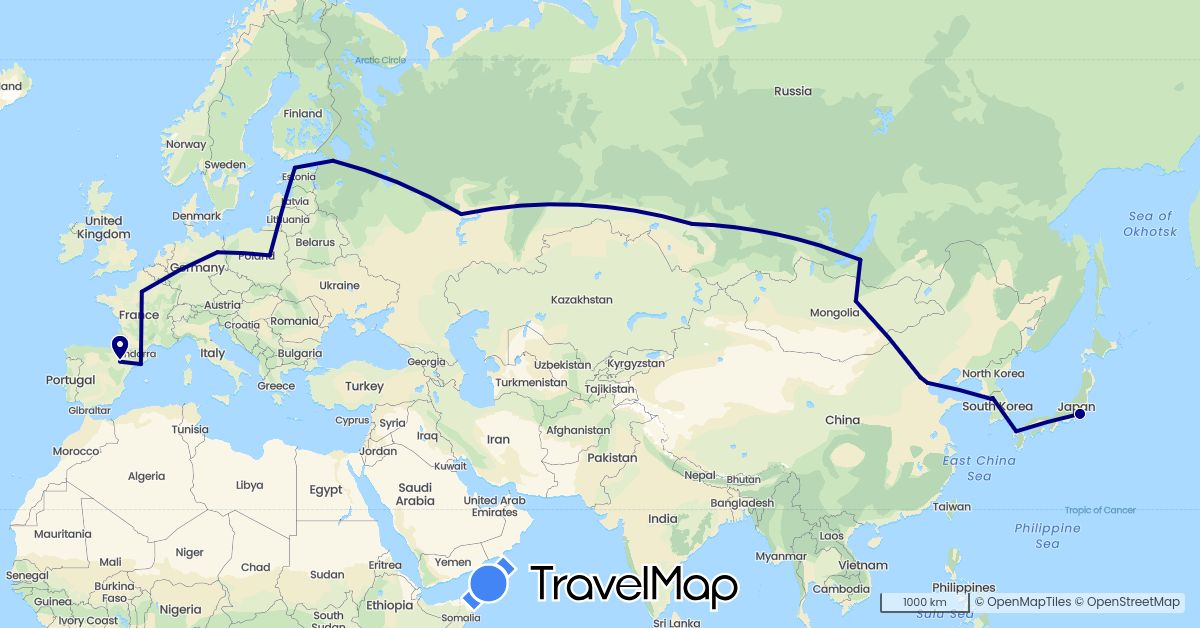 TravelMap itinerary: driving in China, Germany, Estonia, Spain, France, Japan, South Korea, Mongolia, Poland, Russia (Asia, Europe)