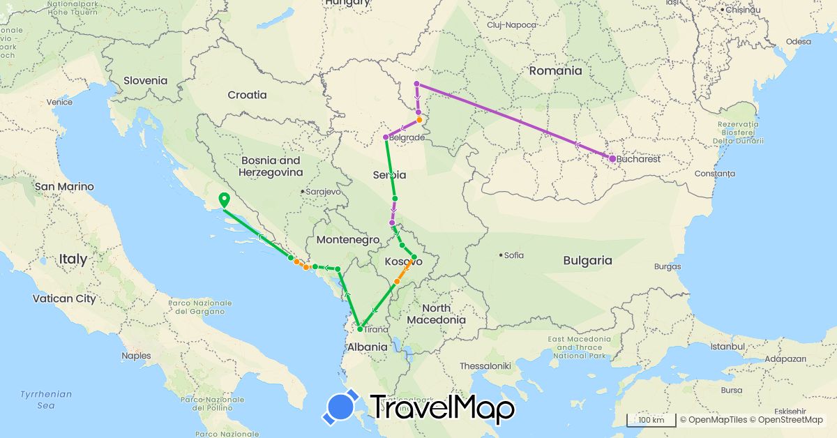 TravelMap itinerary: driving, bus, train, hitchhiking in Albania, Croatia, Montenegro, Romania, Serbia, Kosovo (Europe)